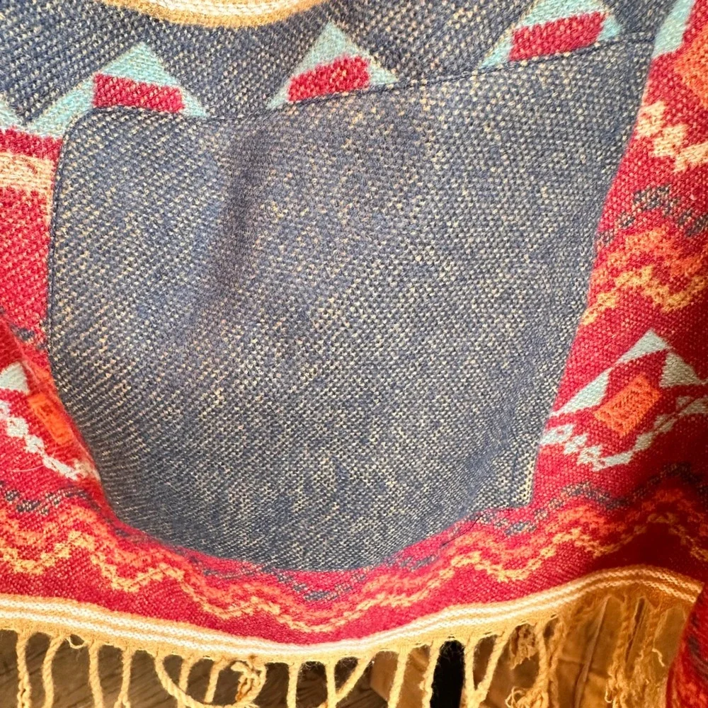 Natural Reflections Open Front Vest Women 2X Blue Southwestern Fringe Aztec Boho